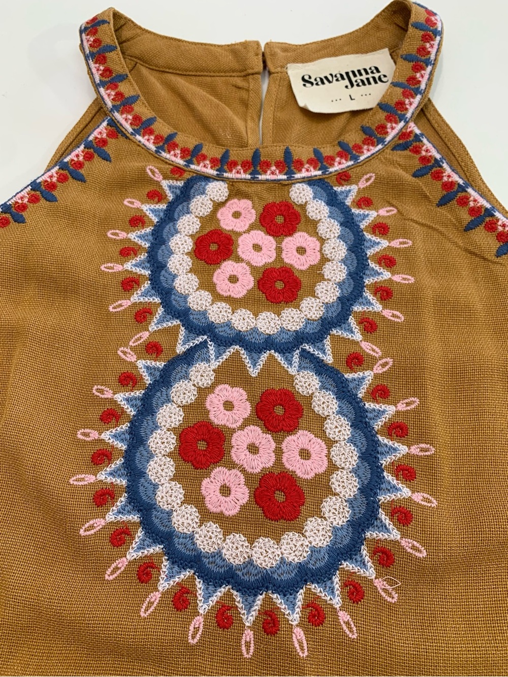 Savanna Jane Boho Mustard Halter Tank Multicolor Embroidery & Tassels, L - Picture 4 of 6